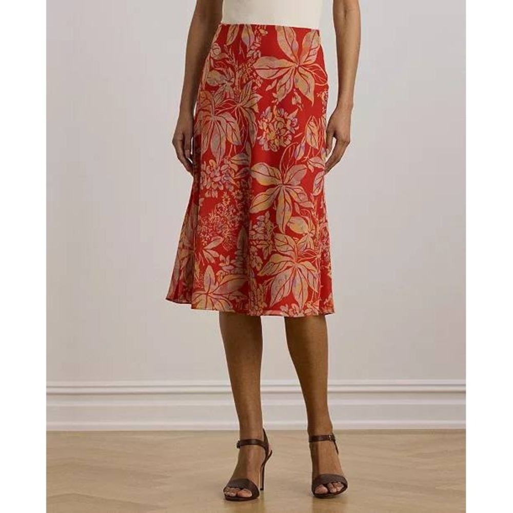 Lauren Ralph Lauren Orange Tropical Floral Midi Skirt Size 8 Beach Resort - Picture 3 of 9